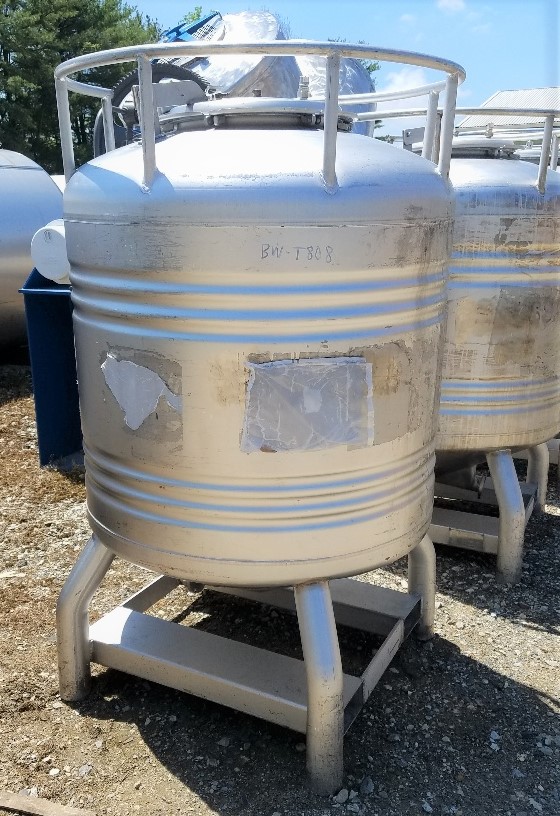 (3) used 800 Liter (~200 gallon) Stainless Steel Sanitary Mixing Tanks/Totes. Built by Sharpsville Container. With pneumatic air agitator mounted on top. 40
